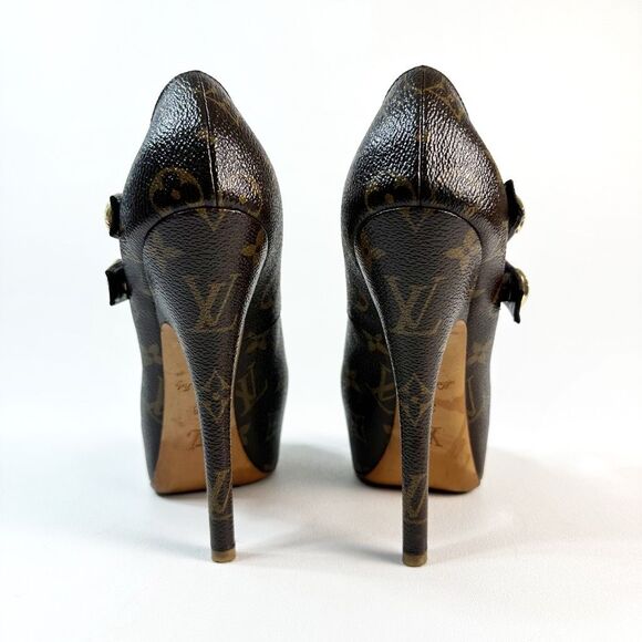 LOUIS VUITTON Ritual Fetish Platform Pumps Size 38 Brown Monogram Peep Toe - Picture 8 of 16
